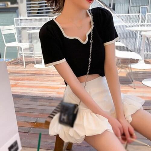 Summer Casual Solid Color Sweet Square Collar Tee Tops Slim Knitted Short Sleeve Ladies T-Shirt