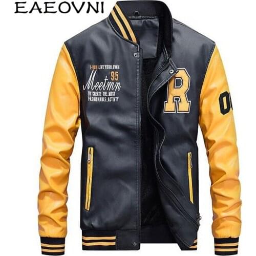 EAEOVNI Mens Embroidered Leather Jackets Slim Fit Winter Warm Fleece Pilot Men Bomber Jacket Baseball Collar Mens Jacket Coat