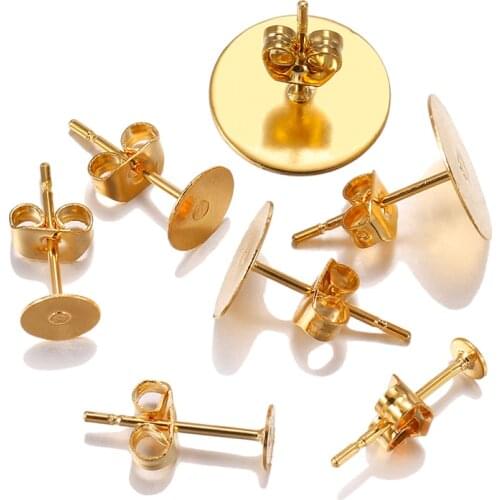 20pcs/lot 3 4 5 6 8 10 12mm Gold Stainless Steel Blank Earring Stud Base With Earring Plug For DIY Jewelry Making Supplies