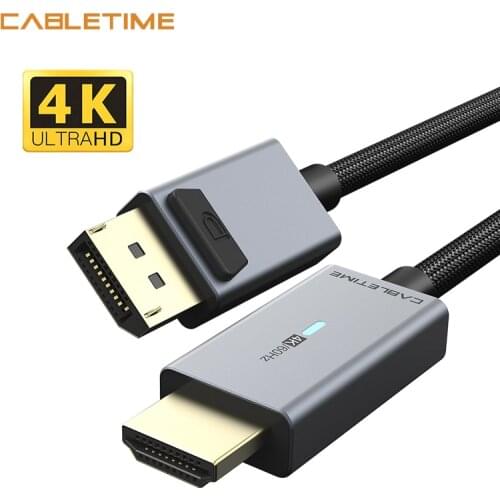 CABLETIME Displayport To HDMI Cable Blue Light Gold Plated HDMI2.0 4K/60Hz Adapter for PC Lenovo Dell Macbook Air N356