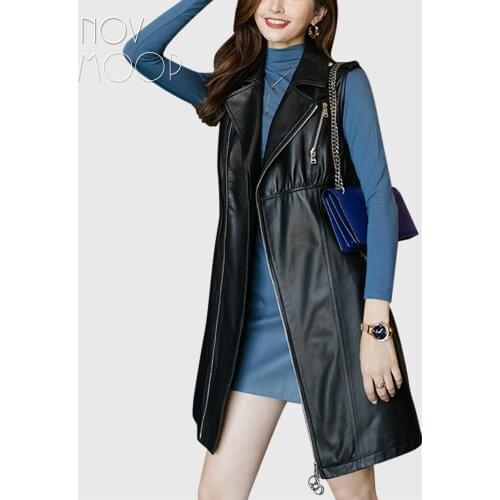 Novmoop genuine leather women vest dress motocycle style soft smooth grade sheepskin simple smart Vestido de cuero LT3500