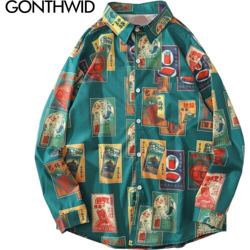 GONTHWID Hawaiian Beach Shirts Harajuku Vintage Poster Print Long Sleeve Aloha Party Holiday Shirt Mens Casual Button Down Tops