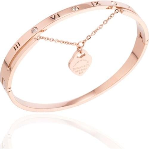 Stylish Rose Gold Double Heart Pendant Stainless Steel Bracelet Womens Classic Bracelet Fashion Jewelry