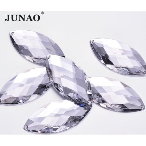 JUNAO 30*62mm Large Clear Crystal Needlework Rhinestones Flat Back Acrylic Gems Horse Eyes Shape Sewn Stones for Jewelry Craft