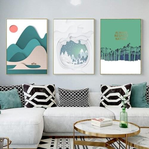 Fresh Illustration cartoon style green mountain deer red sun forest Wall Art Picture Canvas Painting for living room hotel Decor