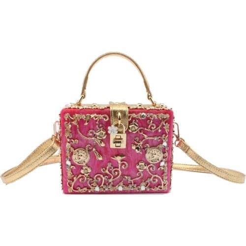 Vintage Box Acrylic Evening Bag Diamond Flower Lock Clutch Flap Bag Luxury Handbag Party Purse Womens Shoulder Bag