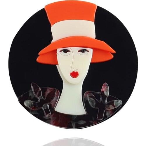 New Creative Design Orange Hat Elegant Lady Acrylic Brooches For Women Lovely Round Pin Lapel Badges Brooch Jewelry Fashion Gift