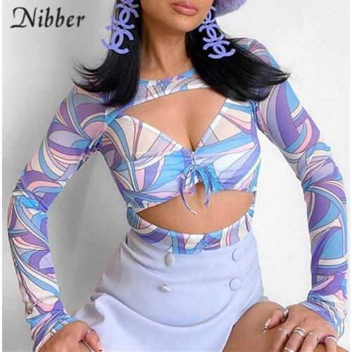 Nibber Multicolor Block Printing Woman Autumn Long Sleeve O Neck T-shirt Sexy Hollow Out Female Fashion Slim Top Streetwear Hot