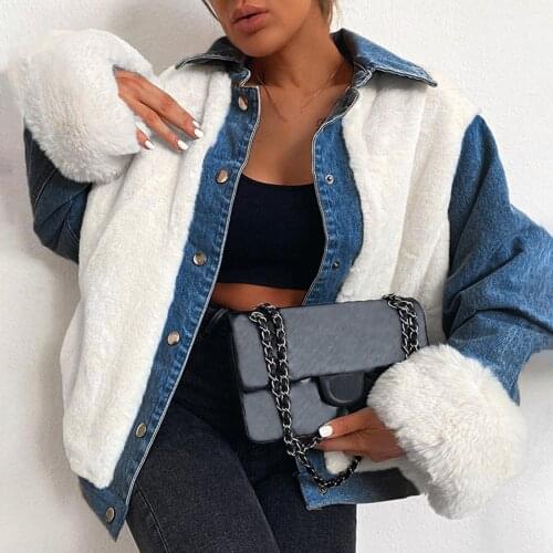 2021 Womens Autumn Jacket Loose Single Breasted Lapel Plush Denim Stitched Warm Denim Jacket Veste Femme Pockets Winter Coat