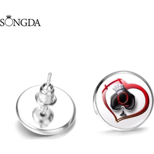 Personalized Queen The Letter Q Stud Earrings Poker Spades Q Print Art Photo Glass Dome Earring Women Men Jewelry Accessories