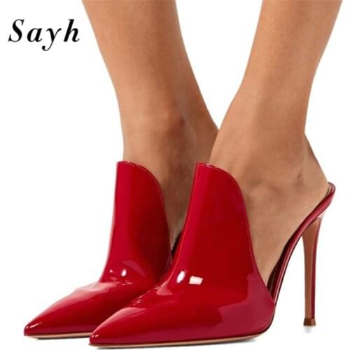 Fashion Women Mules Pumps 12CM High Heels Pointy Toe Runway Party Shoes Patent Leather Lady Stilettos Sandals US 8
