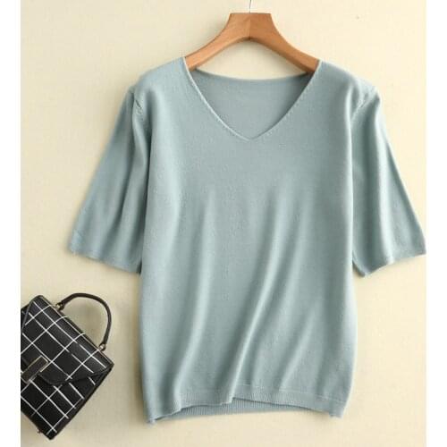 Sleeve V-neck women sweater spring and autumn sweater women short-sleeved loose knit bottoming shirt short coat shirt
