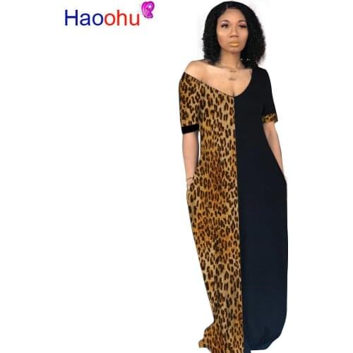HAOOHU Winter Fall New Women leopard print patchwork v-neck short sleeve bodycon midi maxi dress elegant dresses vestidos