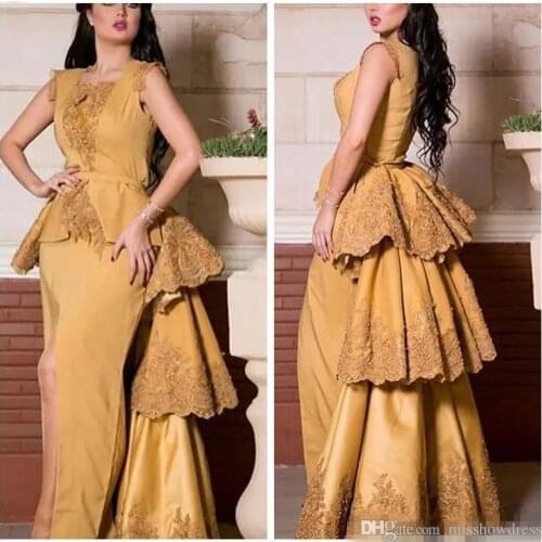 Robe de soiree 2019 Gold Lace A-Line Evening Dress Pleats Appliques Short Sleeves Formal Dress Fitted Front Split Plus Vestidos