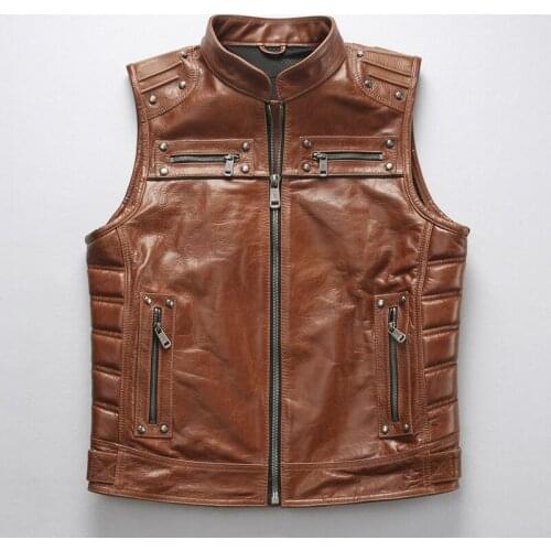 2020 Mens Rivet Cowskin Sleeveless Jackets Brand Designer Genuine Leather Vests New Professional Motorcycle Biker Black Vest