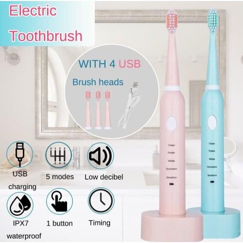 USB Rechargeable Electric Toothbrush 5 Mode Whitening Healthy Travel Toothbrush with 3 Replaceable Brush Head Gift for Adult Kid