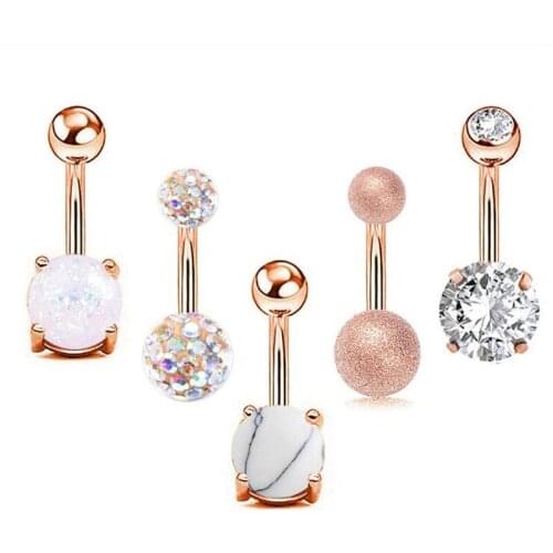 5pcs/lot New Surgical Steel Natural Stone Navel Rings Double Ball Crystal Belly Button Ring fashion Bar Piercing Body Jewelry