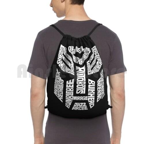 Autobots White Backpack Drawstring Bag Riding Climbing Gym Bag Autobots Decepticons Comics Typography Seanings Movie Show