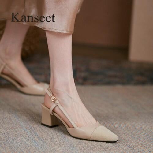 Kanseet 2021 Summer Womens Shoes Fashion Patchwork Genuine Leather Square Toe Thick Heels Women Sandals High Heels Shoes Women