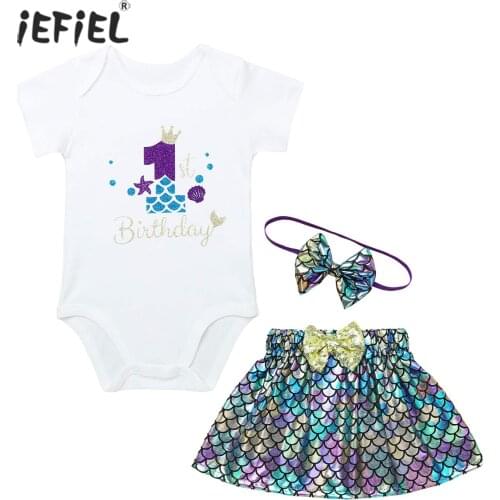 Infant Baby Girls Mermaid First 1st Birthday Princess Outfit Sequins Fish Scales Skirt+Romper Tops Set for Party Holiday 9-18M