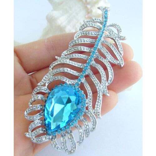 Elegant Peacock Feather Brooch Pin Pendant Lake Blue Rhinestone Crystal EE06631C2