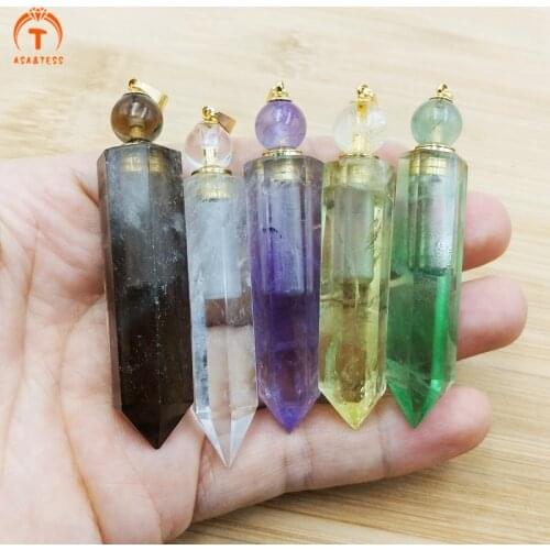 Natural Healthy Crystal Quartz Perfume Bottle Pendant Amehtysts Fluorite Oil Diffuser Fluorite Charms Citrines Vial For Necklace