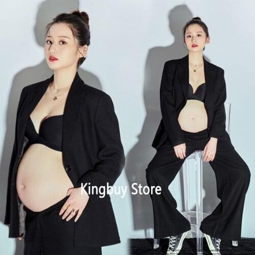 Kingbuy Women Photography Props Cool Black Suits Maternity Full Sleeves 2PCS Casual Pregnancy Pregnant Studio Shooting Clothes