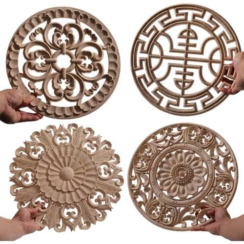 Exquisite Classical Carved Floral Rose Wooden Home Decoration Cabinet Frame Wood Applique Round Flower Decal Onlay Figurines