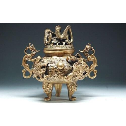 Chinese dragons carved hollow brass three legs the ancient beast incense burner