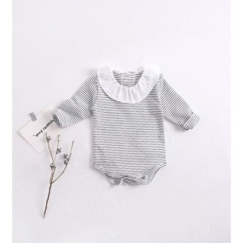 Black white stripe toddler girls romper long sleeve petal collar infant jumpsuit for newborn kids overalls toddler onesie autumn