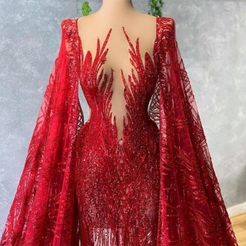 Red See Thru Mermaid Evening Dress with Wrap Lace Overskirt Beading Prom Gowns Customise Formal Party Wear