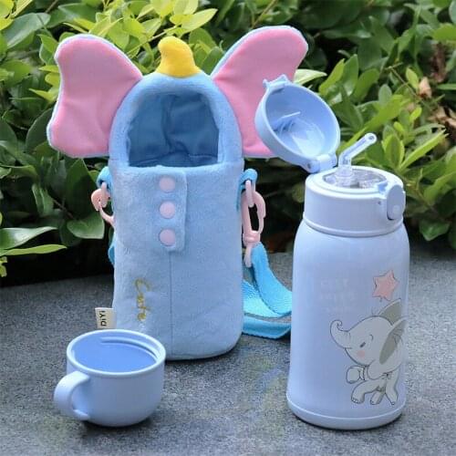 Cartoon Double-layer Thermos Bottle Stainless Steel Water Bottle Straw Cup Coffee Travel Tumbler Mug with Cute Plush Cloth Cover