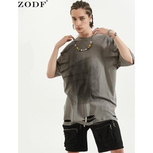ZODF Chic 2021 Men Summer Cotton T-Shirts Dirty Broken Style Oversized Unisex High Street Solid T Shirt Brand Tees HY0253
