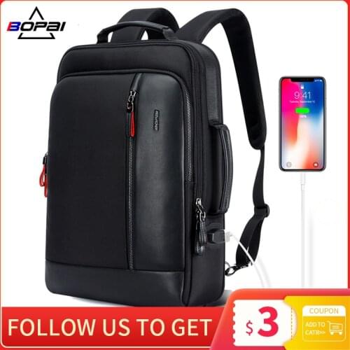 BOPAI Men Black Leather Backpack USB Charge Bagpack School Bags Hidden Pocket Anti Theft Male Laptop Backpacking Sac a Dos