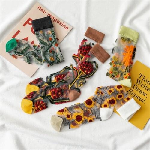 Breathable Thin Women Socks Spring Summer Flower Novelty Harajuku New 2021 Crystal Silk Sunflowers Happy Sock Women High Quality