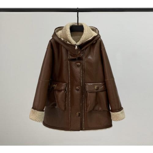 2021 New Fur All-in-one Coat Ladies' Leather Lamb Hair Medium Long Sheared Motorcycle Hooded Fur Winter Clothes Women