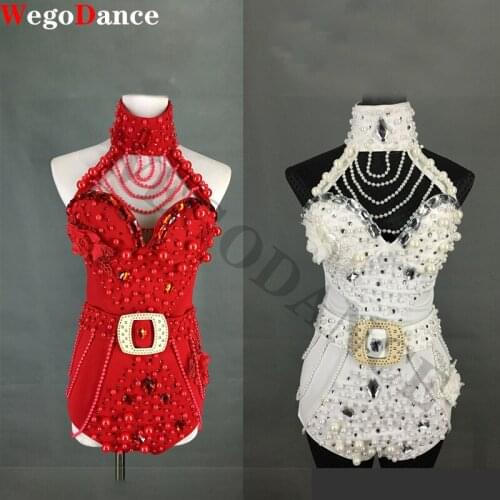 New White Pearls Stretch Leotard Women 's Dance Bodysuit Prom Celebrate Outfit Bar Nightclub Dancer