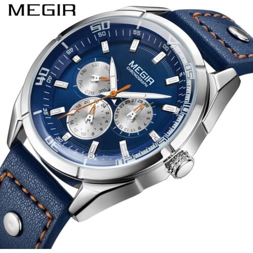 2019 New Luxury Brand MEGIR Men Military Sports Watches Mens Quartz Date Clock Man Casual Leather Wrist Watch Relogio Masculino
