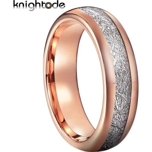 6mm Rose Gold Color Tungsten Wedding Band White Meteorite Inlay For Men Women Engagement Rings Dome Polished Finish
