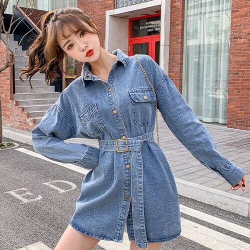 Zoki Autumn Fashion Cotton Denim Dress Women A Line Long Sleeves Dress Slim Fit Casual street Mini Jeans Dress Korean New 2021