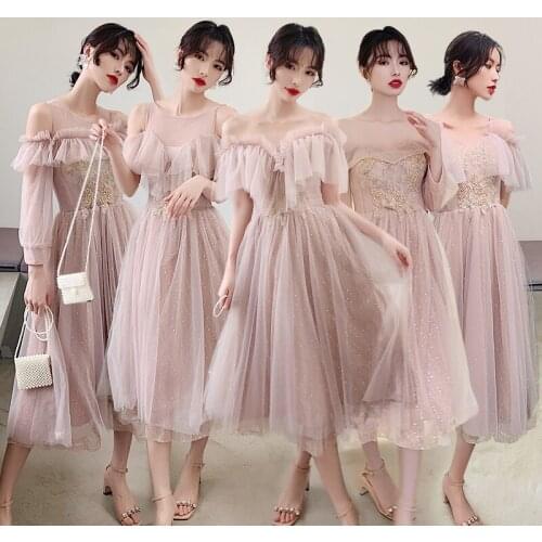 Bridesmaids Dresses Illusion O-Neck Full Embroidery Sequined Ankle-Length Tulle Off The Shoulder Women Wedding Party Gown E297