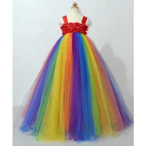 Rainbow Color Girls Flower Tutu Dress Kids Fluffy Vintage Tulle Dress Ball Gown with Headband Children Party Costume Dress