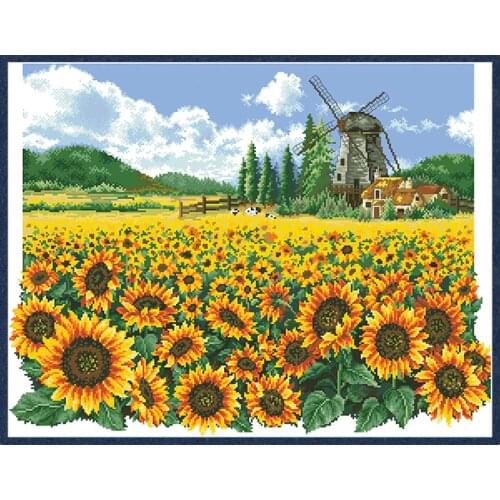 Sunflower Pasture Stamped Cross Stitch Kits Printed Needlework Sets Canvas For Embroidery 11CT 14CT Diy Home Decoration Painting