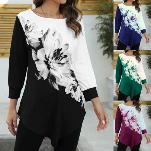 Shirt Blouse Fashion New 2021 Large Size Sleeve Floral Printing Casual Hem Lrregularity Female Fashion Shirt Tops