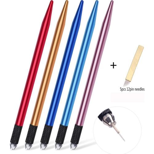1pcs Tatto Microblading Pen Manual Needle Fog Eyebrow Tattoo Pen handmade Embroidery Permanent Makeup tool+5Pcs12 Pins Needles