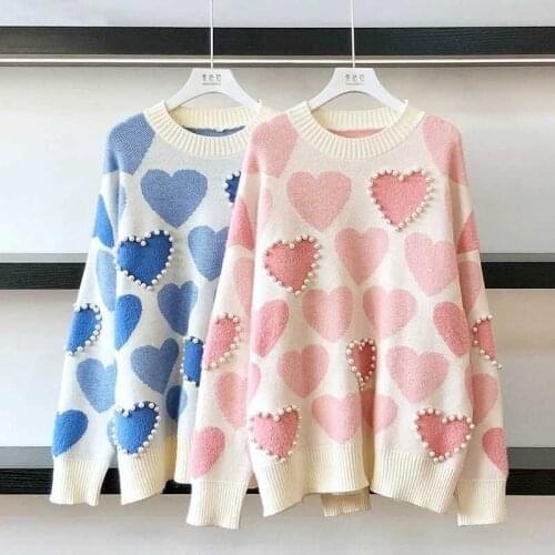 Fanco Women Knitted Sweater and Pullovers O-Neck Pearls Sweet Heart Pull Jumpers Long Sleeve Kawaii Sweater свитер стич