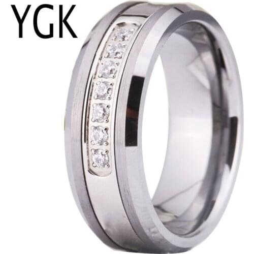 YGK Brand Jewelry Hot Sales 8MM Silver Beveled With Matte Surface and 7 White CZ Stones Tungsten Ring For Wedding