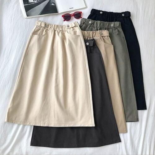 Harajuku Solid A-line Women Skirt Casual Vintage Females Elastic Waist Skirts Spring Ladies High Waist Button Knee Length Skirt