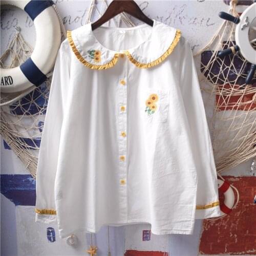 Mori Girl Autumn Women Blouse Vintage Sunflower Embroidery Ruffled Peter Pan Collar Cotton Long Sleeve White Shirt Top