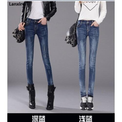 Hole pencil pants female autumn Rhinestone large size 9xl women jeans pants lace wholesale
